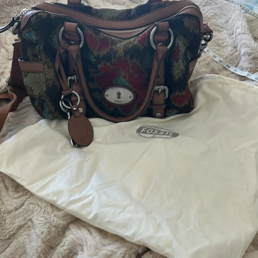 Fossil Multicolor Tapestry Satchel with Brown Leather Trim
